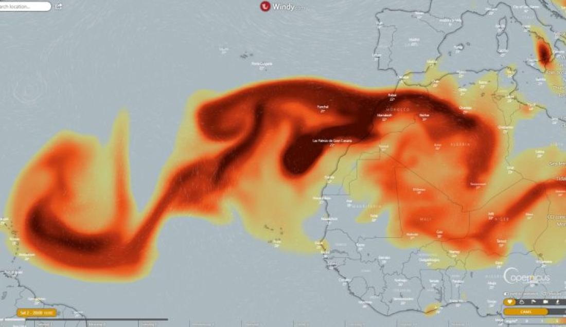 Vulkanutbrudd på La Palma september 2021. Dag 12. Sky av aske og SO2. Vulkanutbrudd på La Palma september 2021. Dag 12. Sky av aske og SO2.