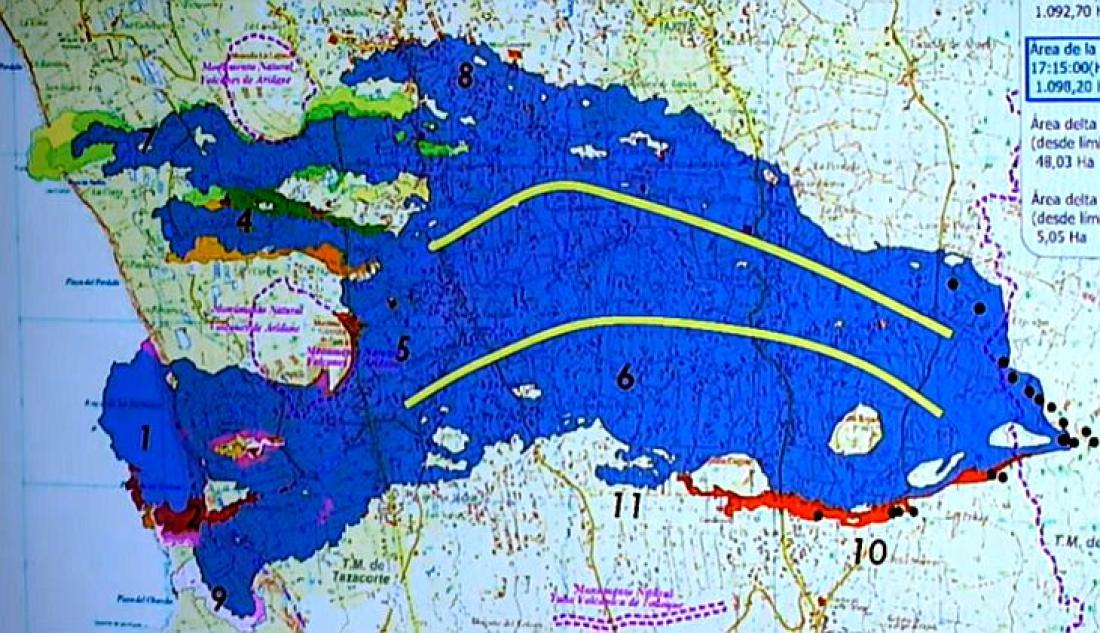 Vulkanutbrudd på La Palma 2021. Dag 70, lavaens spredning. Vulkanutbrudd på La Palma 2021. Dag 70, lavaens spredning.