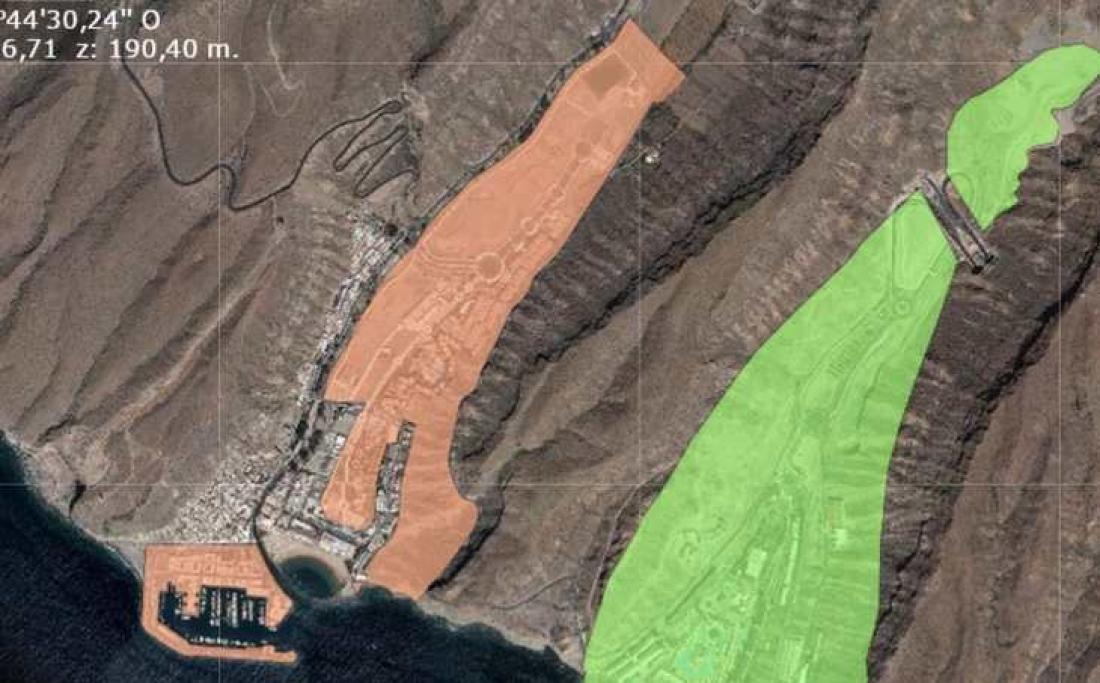 Turismesoner i Puerto de Mogan. Rødt: Konsolidert, Blått: Kan utvikles. Grønt: Ikke konsolidert