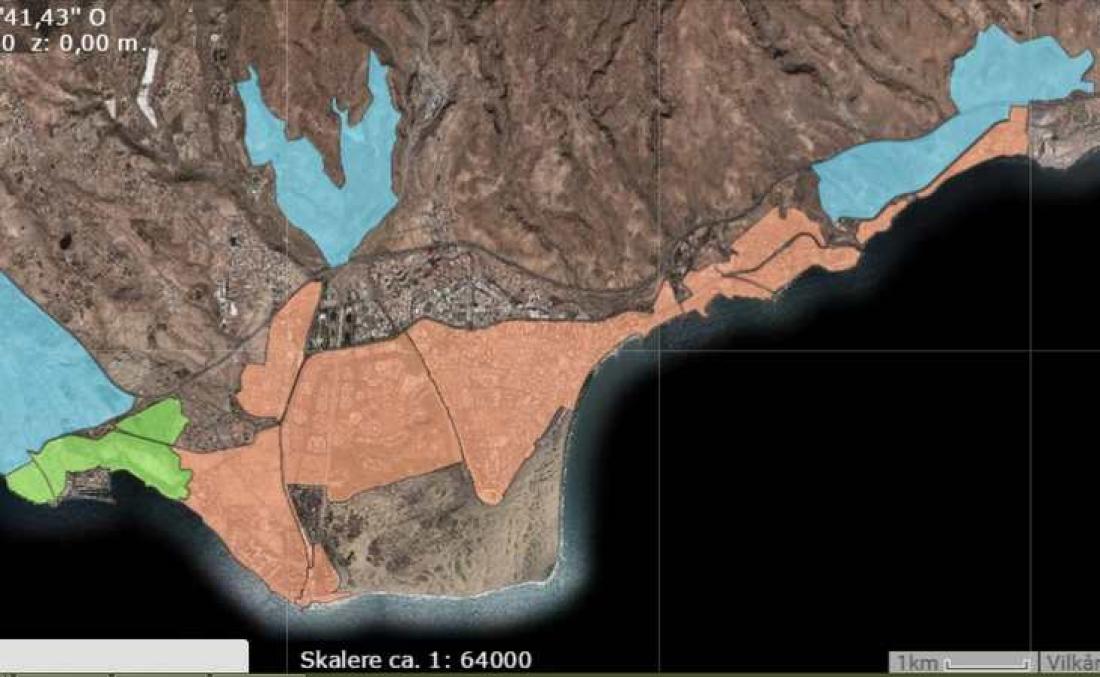 Turismesoner i Maspalomas. Rødt: Konsolidert. Blått: Kan utvikles. Grønt: Ikke konsolidert